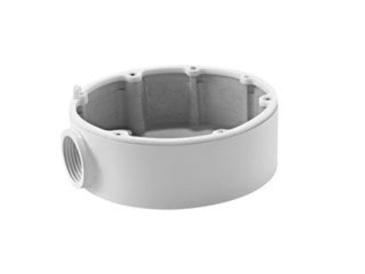 Witte, ronde aluminium aansluitdoos voor Hikvision dome camera's met een diameter van 111 mm voor nette kabelafwerking.