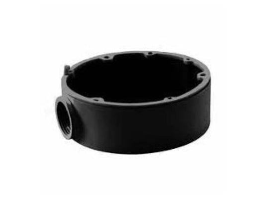 Zwarte aluminium aansluitdoos voor Hikvision dome camera's, Ø111mm, voor nette kabelmontage.