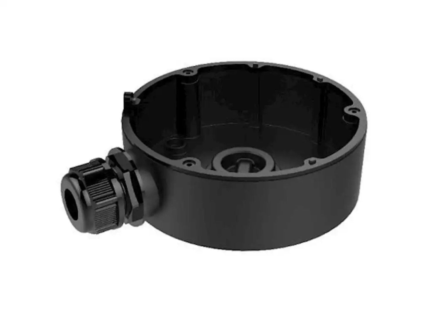 Zwarte aluminium aansluitdoos voor Hikvision dome camera's met een diameter van 140mm en kabelwartel.