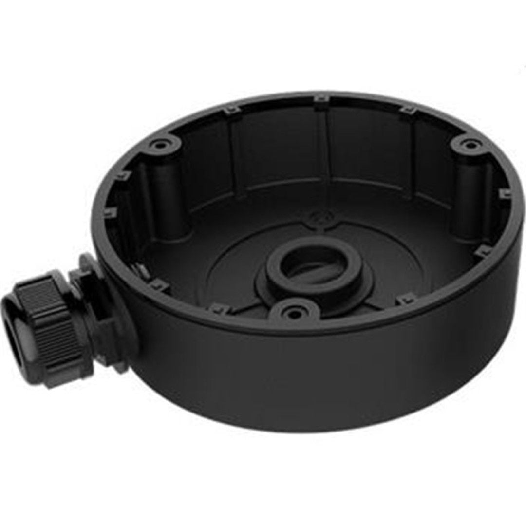 Zwarte aluminium inbouwmontagebeugel voor Hikvision dome camera's met kabelwartel voor buitenmontage.
