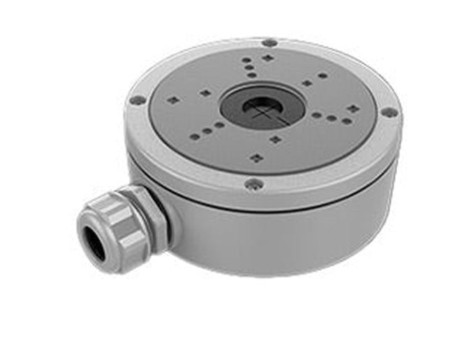 Grijze aluminium Hikvision aansluitdoos voor dome camera's, Ø137mm, met kabelwartel voor beschermde montage.