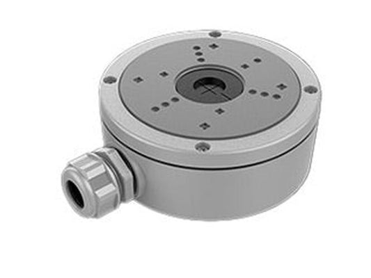 Grijze aluminium Hikvision aansluitdoos voor dome camera's, Ø137mm, met kabelwartel voor beschermde montage.