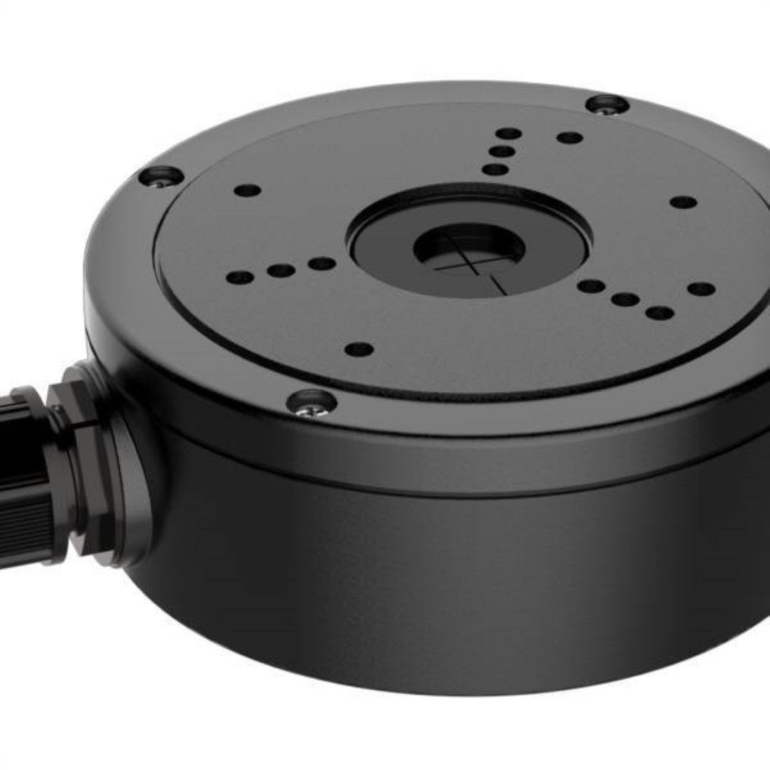 Zwarte Hikvision DS-1280ZJ-S aluminium aansluitdoos voor dome camera's met kabeldoorvoer, diameter 137mm.