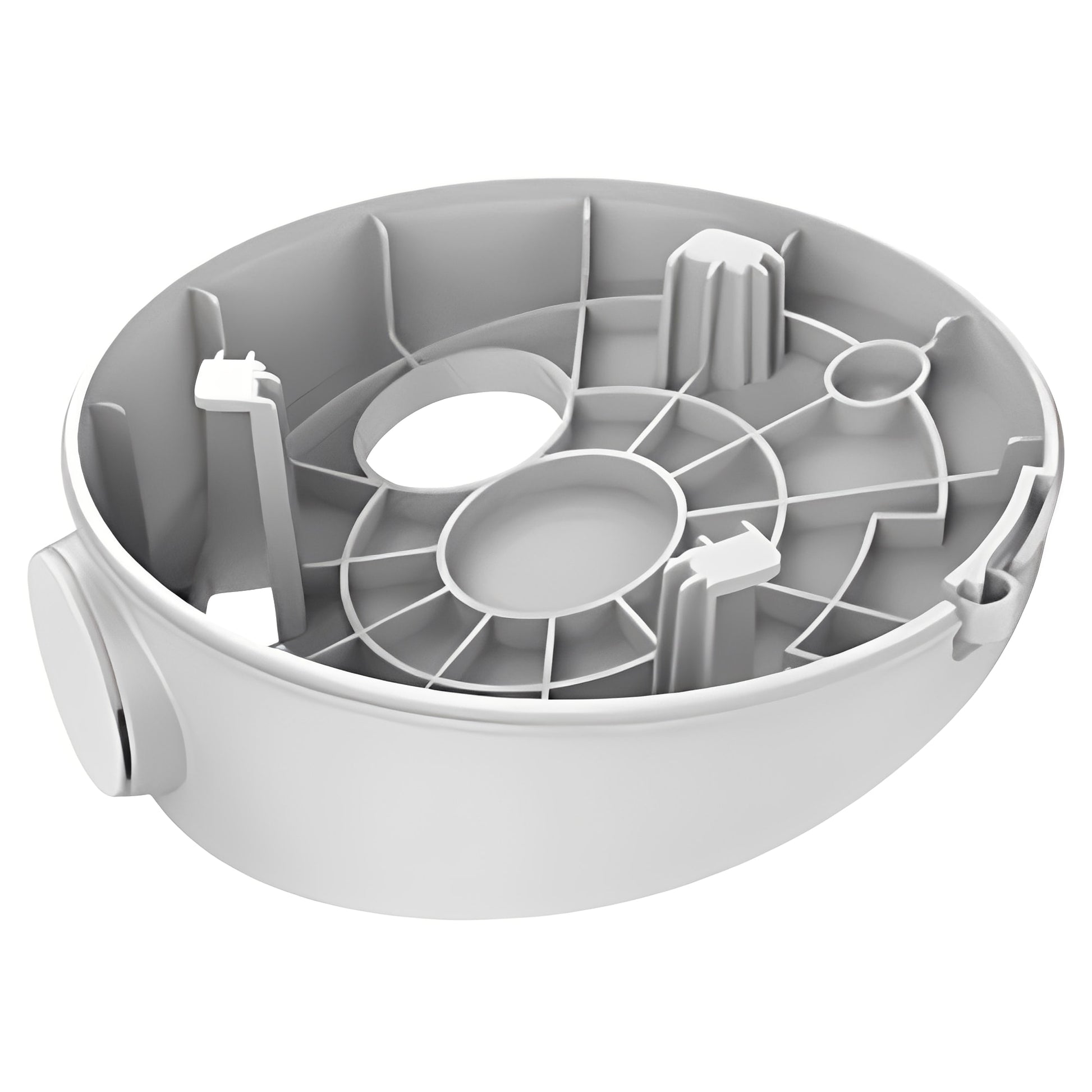 Witte Hikvision DS-1281ZJ-DM23 aansluitdoos voor dome camera's met interne kabelgeleiding en stevige kunststof behuizing.