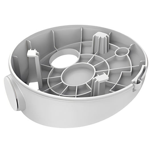 Witte Hikvision DS-1281ZJ-DM23 aansluitdoos voor dome camera's met interne kabelgeleiding en stevige kunststof behuizing.