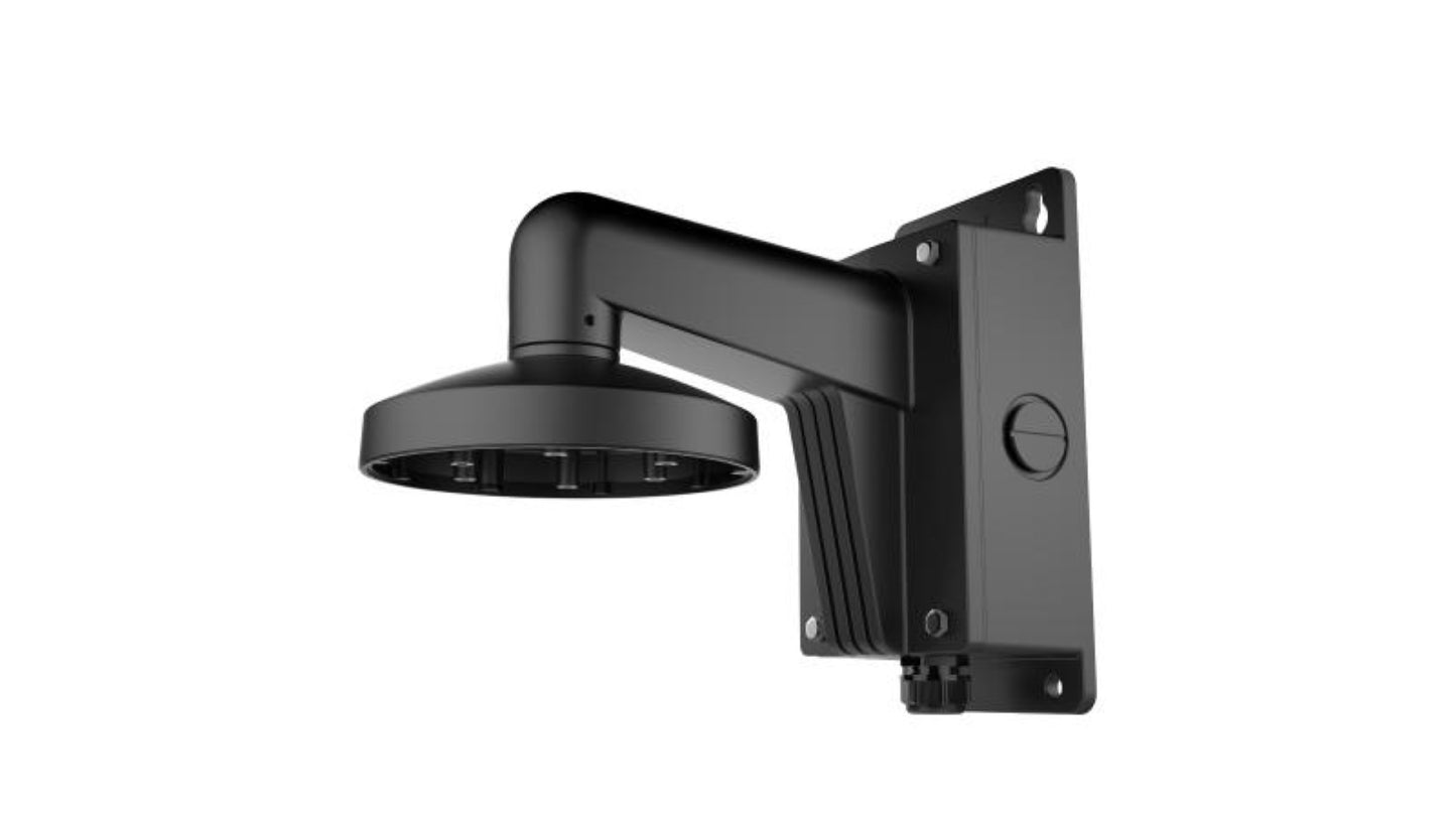 Zwarte aluminium muurbeugel voor Hikvision dome camera's met geïntegreerde 155mm aansluitdoos.