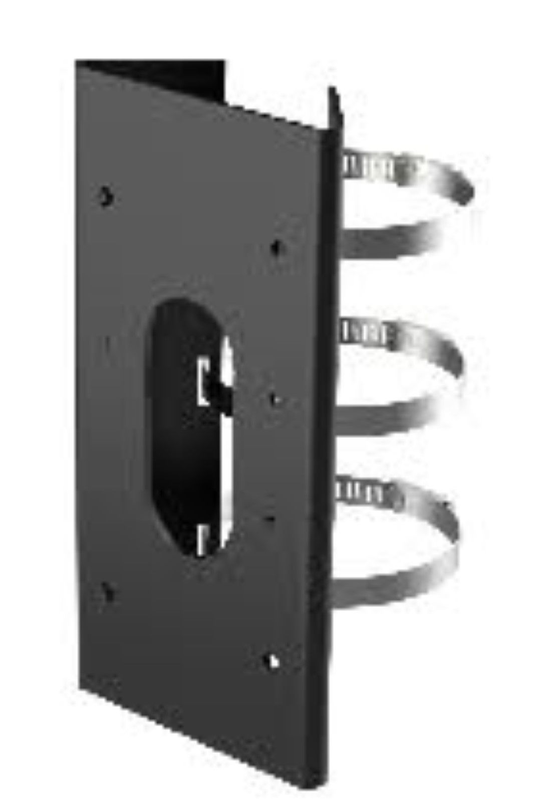 Zwarte roestvrij stalen Hikvision paalbeugel met montagebanden voor beveiligingscamera's.
