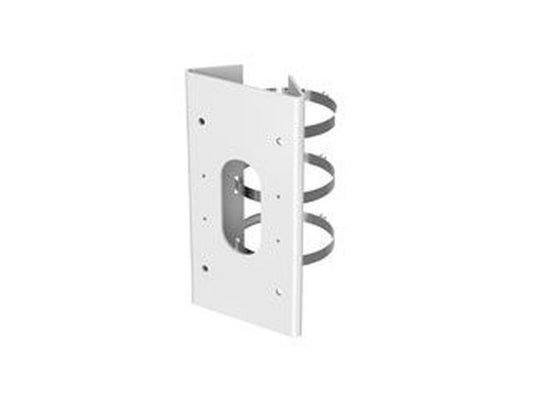 Witte Hikvision DS-1475ZJ-SUS paalbeugel van roestvrij staal met drie metalen bevestigingsbanden.