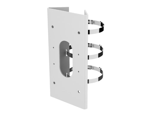 Witte Hikvision DS-1475ZJ-Y roestvrij stalen paalmontage voor beveiligingscamera's met drie verstelbare metalen klemmen.