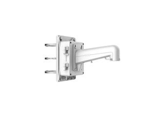 Witte Hikvision DS-1602ZJ-box-pole paalbeugel met geïntegreerde aansluitdoos voor beveiligingscamera's.