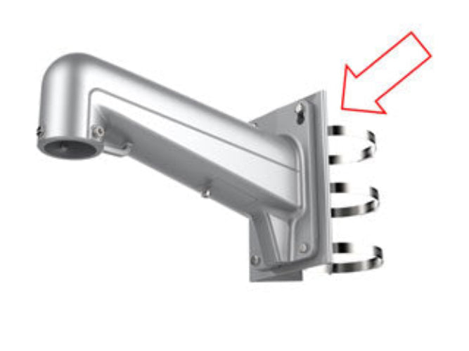 Grijze Hikvision DS-1602ZJ-Pole paalbeugel met metalen montagebanden voor beveiligingscamera's.