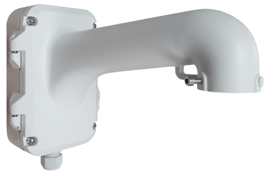 Witte aluminium muursteun voor Hikvision dome camera's met robuust gebogen ontwerp voor wandmontage.