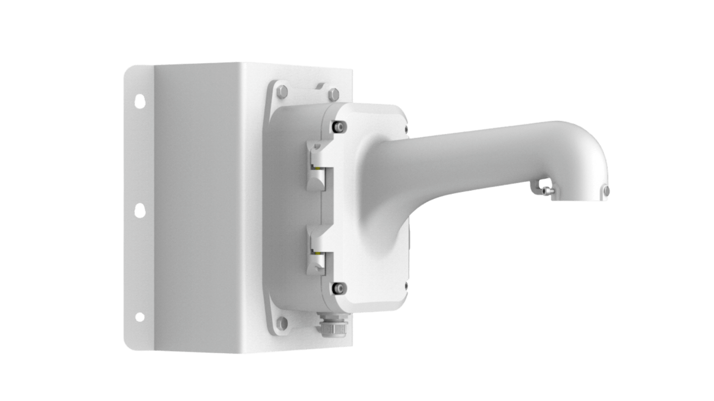 Witte Hikvision hoekmontage van aluminium met geïntegreerde aansluitdoos voor speed dome camera's.