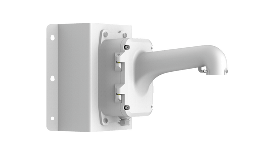 Witte Hikvision hoekmontage van aluminium met geïntegreerde aansluitdoos voor speed dome camera's.