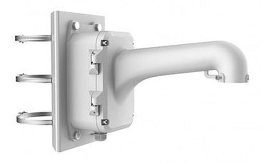 Witte aluminium Hikvision muursteun met aansluitdoos en paalbevestiging voor speed dome camera's.