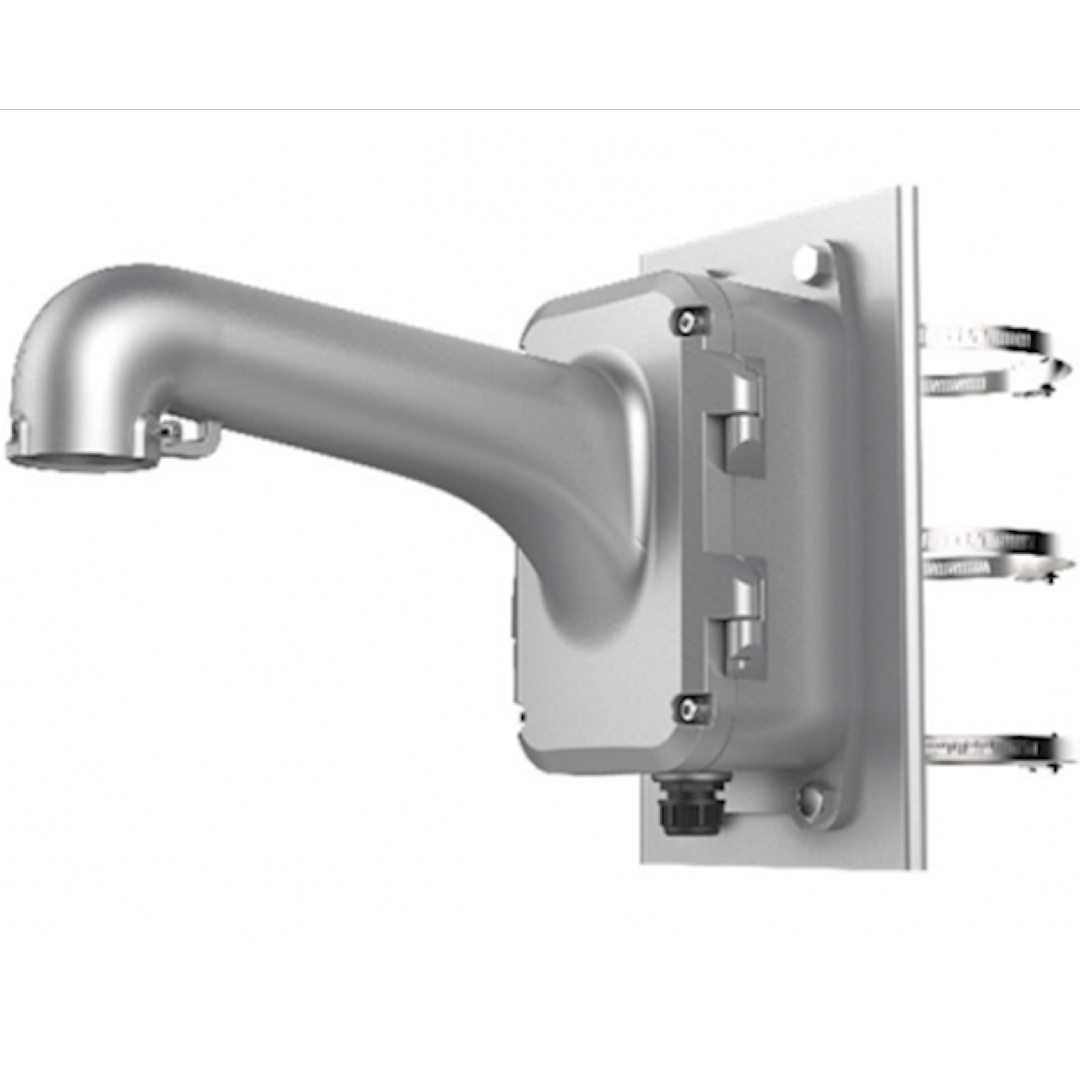 Witte Hikvision DS-1604ZJ-Pole-P paalbeugel voor PanoVu camera's met metalen montageplaat en drie verstelbare slangklemmen.