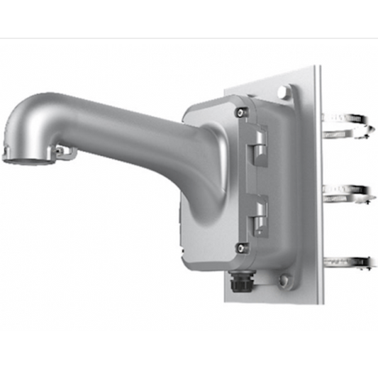 Witte Hikvision DS-1604ZJ-Pole-P paalbeugel voor PanoVu camera's met metalen montageplaat en drie verstelbare slangklemmen.