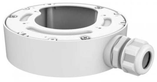 Witte aluminium aansluitdoos voor Hikvision dome camera's, 120mm diameter met kabelwartel.