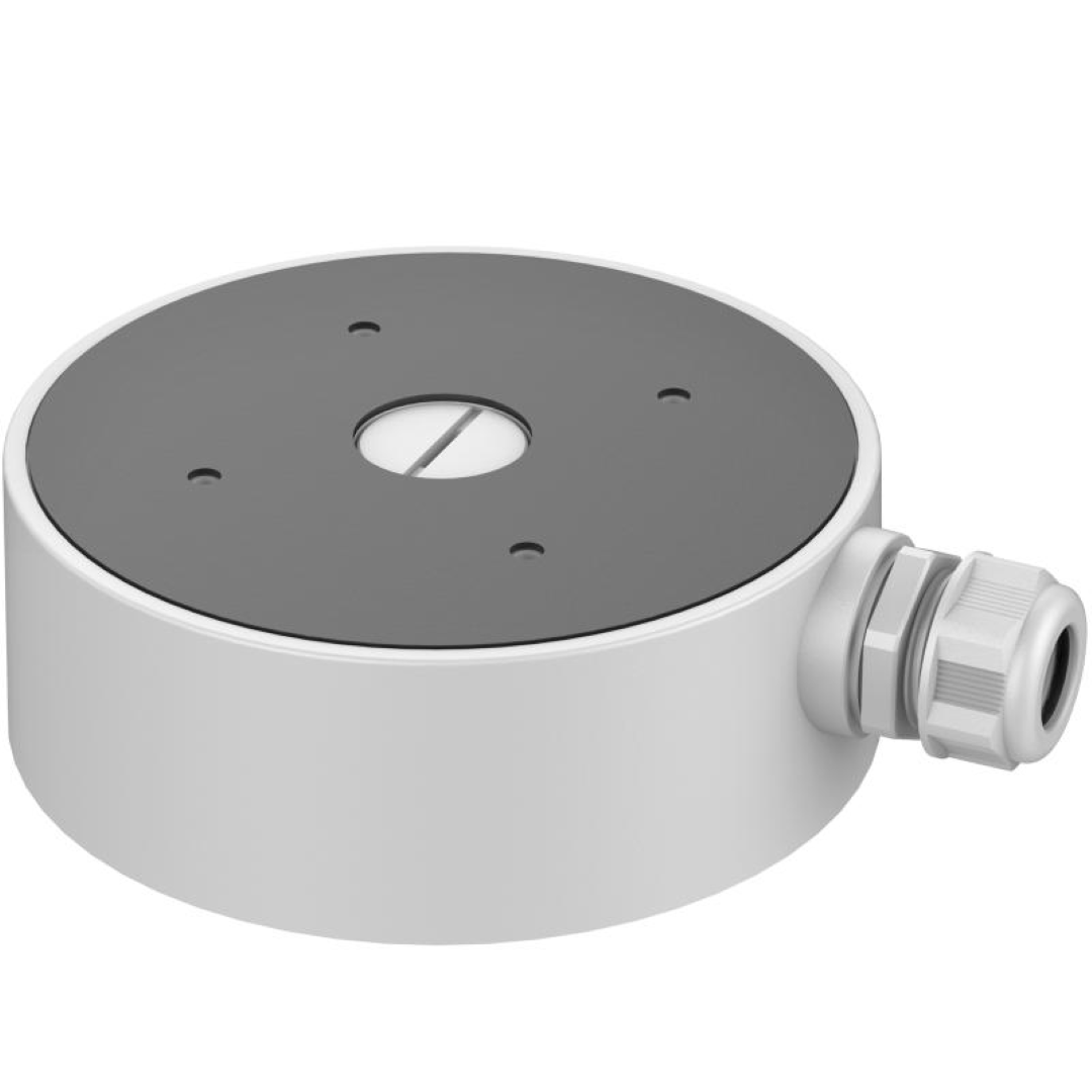 Witte Hikvision DS-2280ZJ-WA160 aluminium aansluitdoos voor dome camera's met 160mm diameter en kabelwartel.