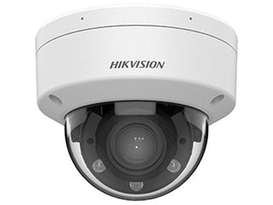 Witte Hikvision 4MP dual-lens dome beveiligingscamera met varifocale lens en strak design voor professionele bewaking.