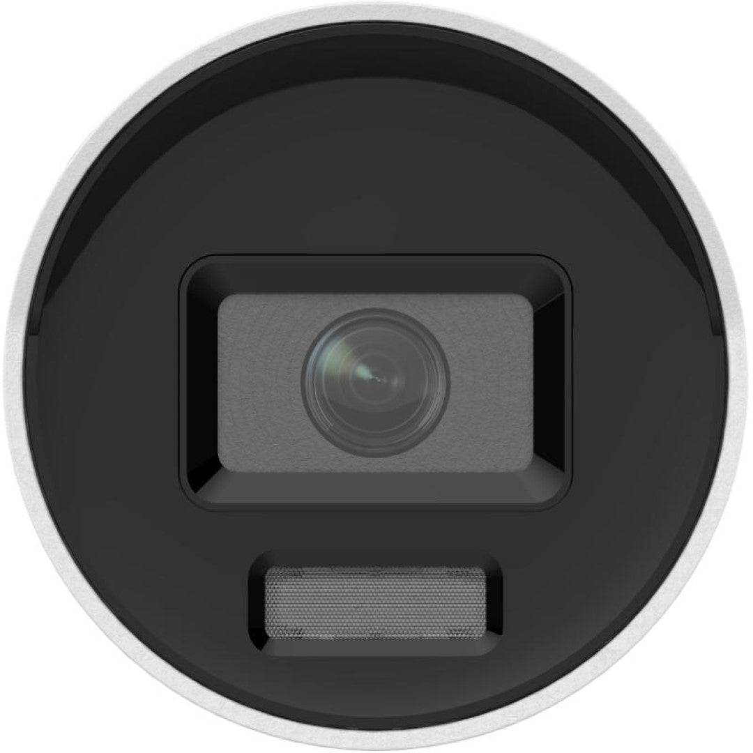Witte Hikvision 12MP bulletcamera met lens, microfoon en stroboscoop voor actieve afschrikking.