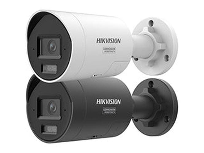 Zwarte en witte Hikvision 12MP AcuSense bullet camera's met stroboscoop en wandmontagebeugel.