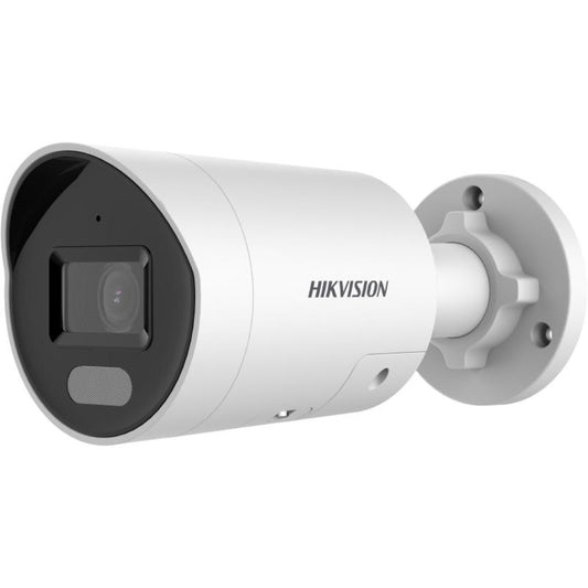 Witte Hikvision 4MP bulletcamera met varifocale lens, Smart Hybrid Light en actieve afschrikking voor buiten.