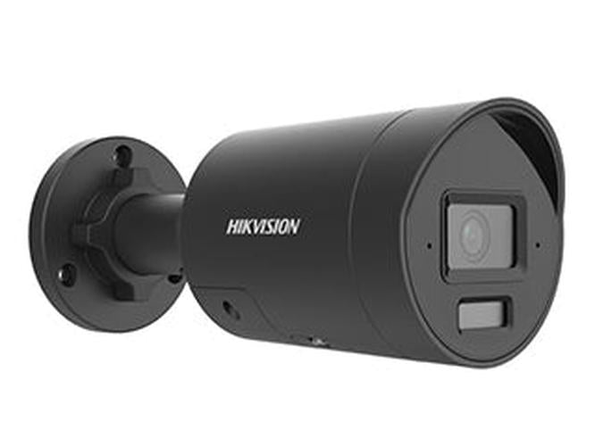 Zwarte Hikvision 4MP bulletcamera met varifocale lens en Smart Hybrid Light voor actieve afschrikking.
