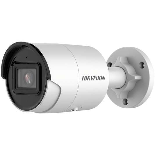 Witte Hikvision 8MP AcuSense bullet camera met zwarte lensbehuizing en verstelbare muurbeugel.