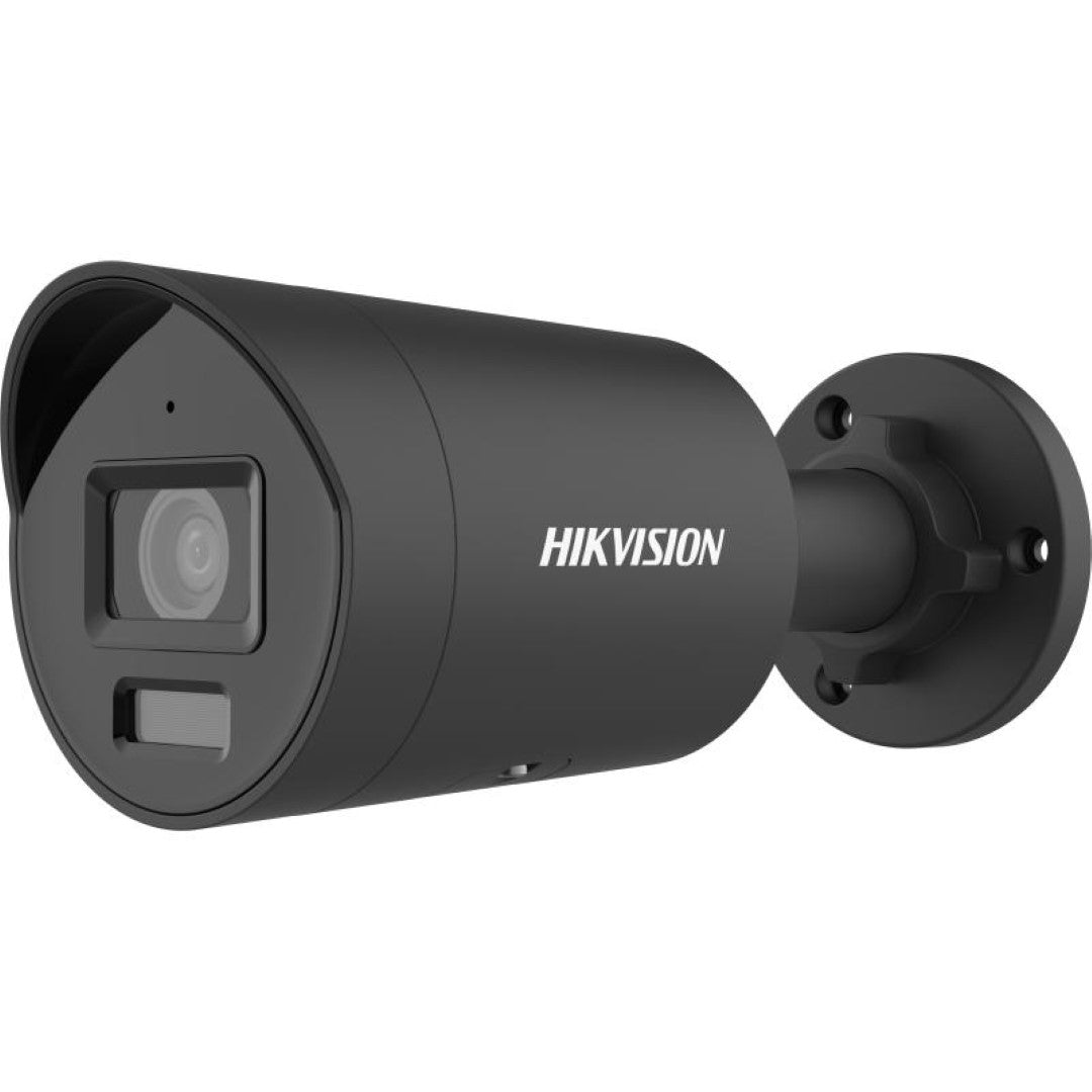 Zwarte Hikvision 8MP 4K bullet beveiligingscamera met AcuSense AI en ingebouwde microfoon voor wandmontage.