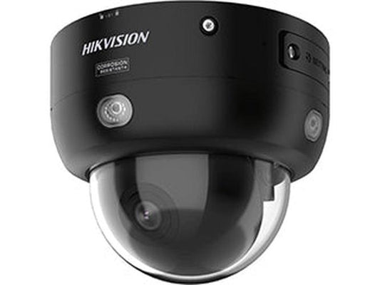 Zwarte Hikvision 4MP AcuSense PTRZ dome camera met actieve afschrikking en robuuste behuizing.