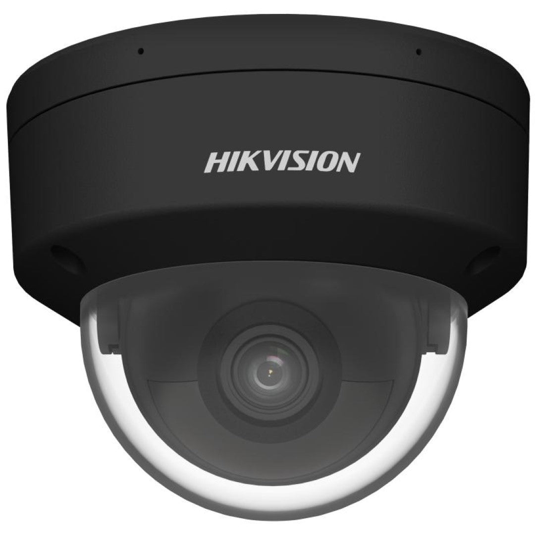 Zwarte Hikvision 4MP AcuSense dome IP-camera met vandaalbestendige behuizing en heldere lens voor buiten.