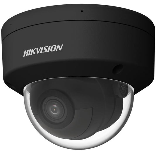 Zwarte Hikvision 4MP AcuSense dome IP-camera met transparante koepel en compact design voor buiten.