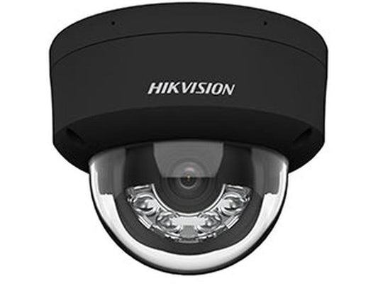 Zwarte Hikvision 8MP ColorVu dome camera met 2.8mm lens en actieve afschrikking in een compact design.
