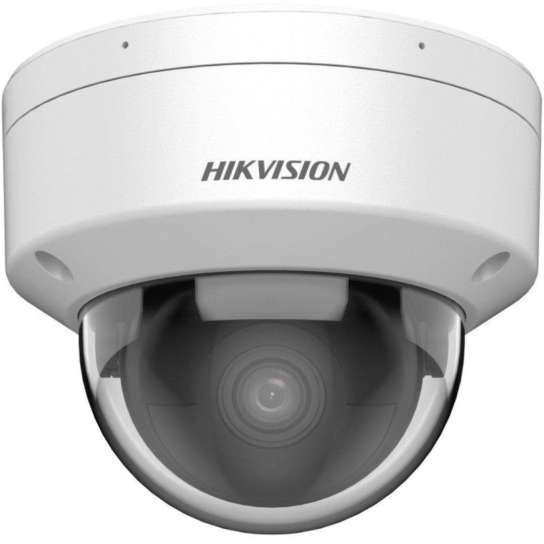 Witte Hikvision 8MP AcuSense dome beveiligingscamera met transparante lenskap en strak design voor plafondmontage.