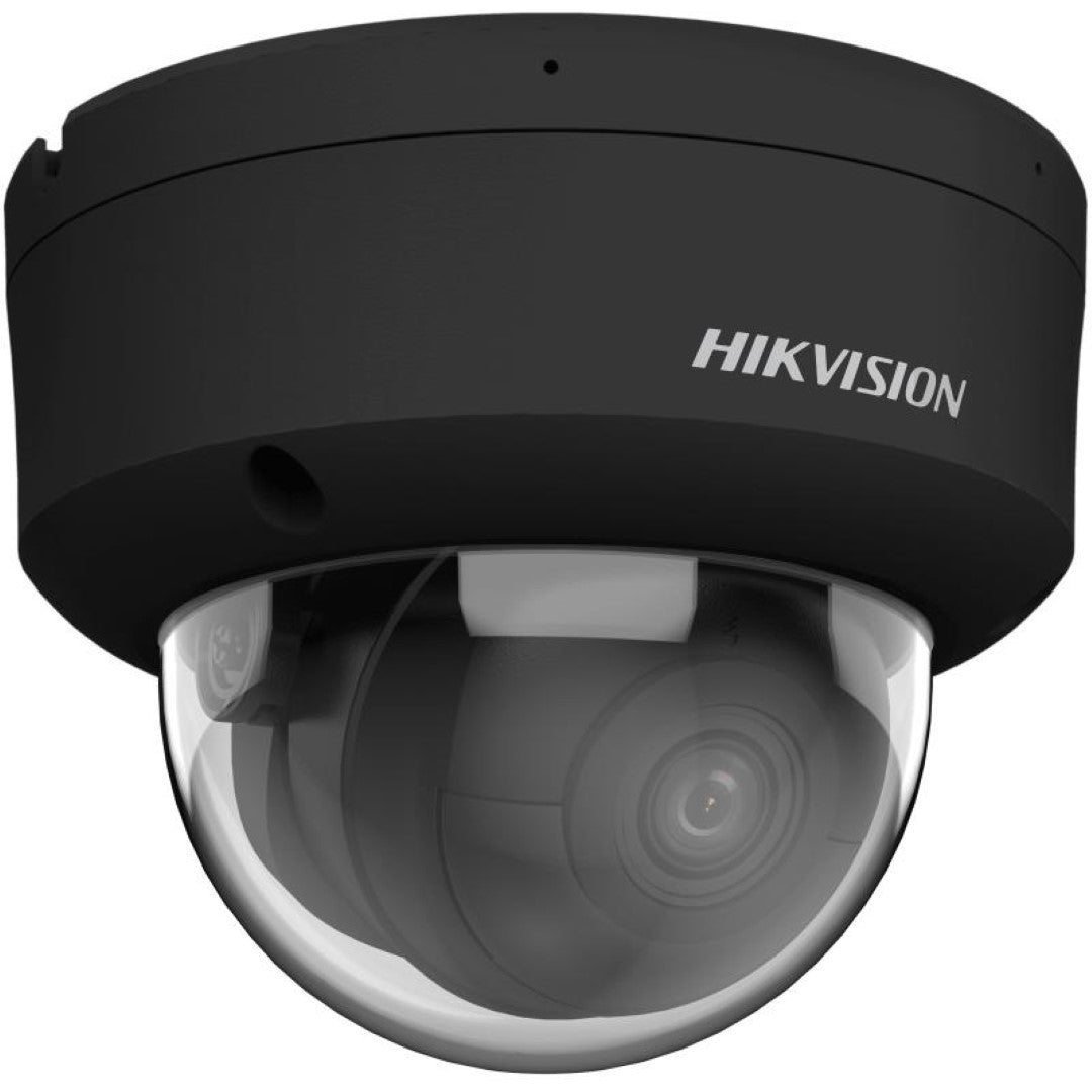 Zwarte Hikvision 8MP AcuSense dome IP-camera met transparante koepel en compact design voor buitenmontage.