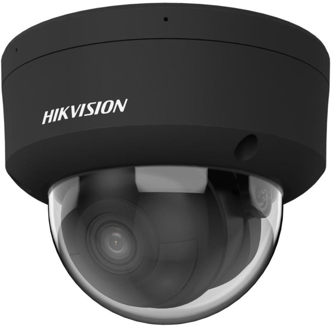 Zwarte Hikvision 8MP AcuSense dome IP-camera met 2.8mm lens en transparante koepel voor buitenbewaking.