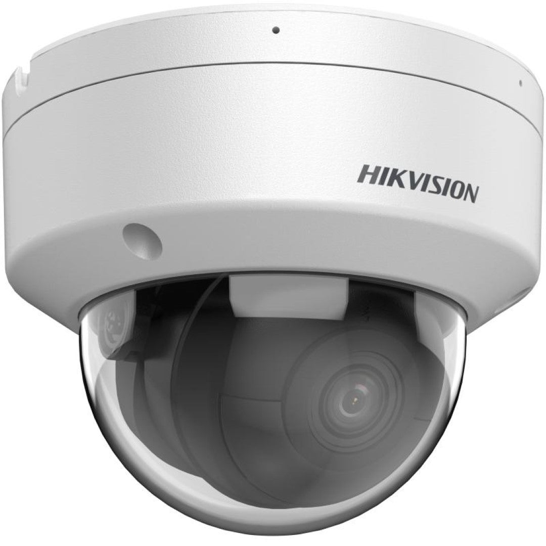 Witte Hikvision 8MP AcuSense dome beveiligingscamera met transparante koepel en robuuste behuizing.