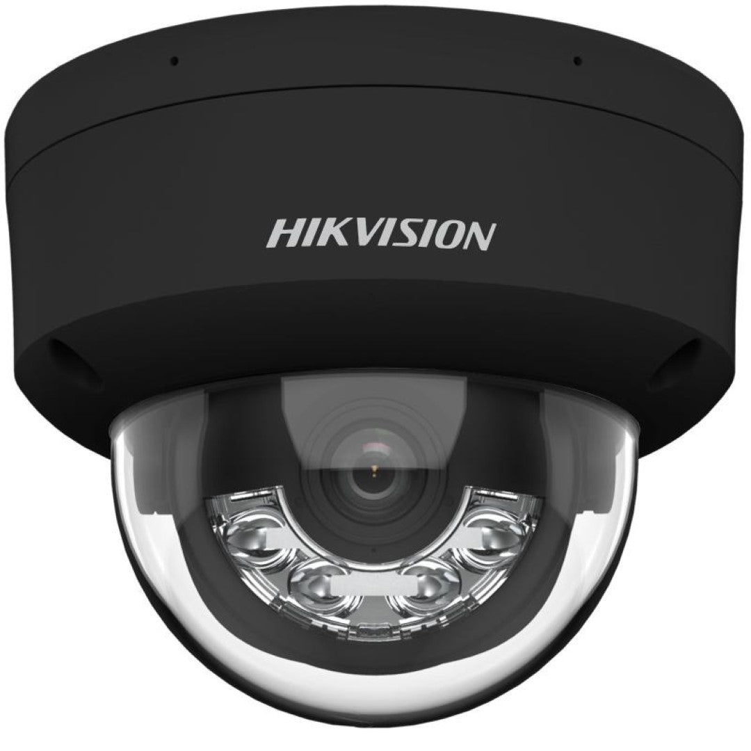 Zwarte Hikvision 8MP ColorVu mini dome IP-camera met transparante koepel en zichtbare lens voor 4K beveiliging.