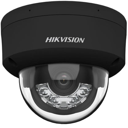Zwarte Hikvision 8MP ColorVu mini dome IP-camera met transparante koepel en zichtbare lens voor 4K beveiliging.