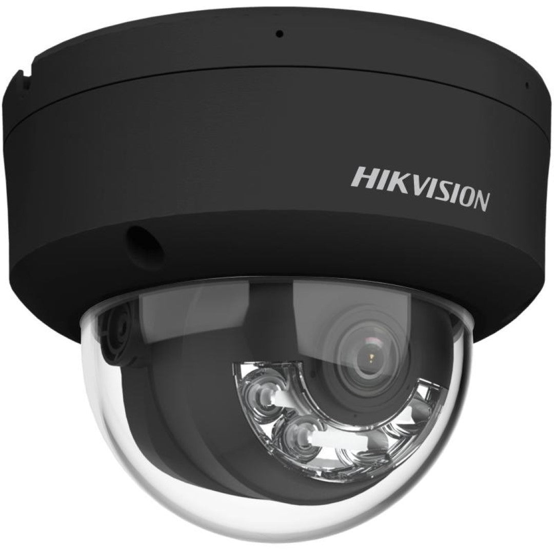 Zwarte Hikvision 8MP ColorVu mini dome IP-camera met transparante koepel en strak design.