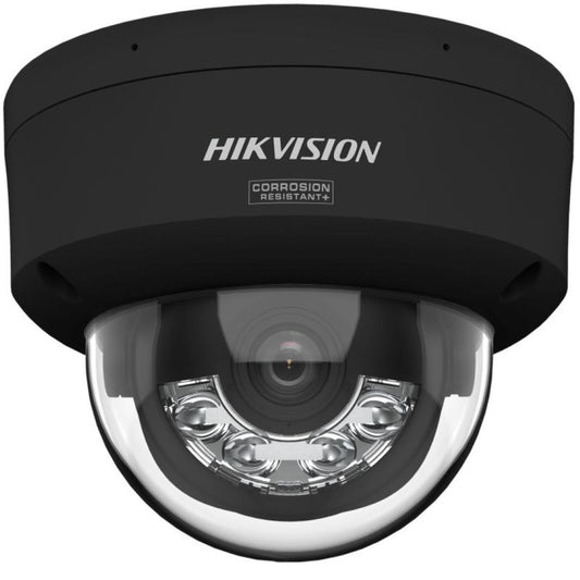 Zwarte Hikvision 8MP ColorVu domecamera met corrosiebestendige behuizing en heldere glazen lenskap.