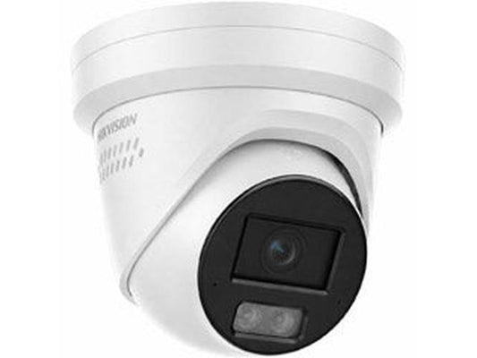 Witte Hikvision 12MP 4K AcuSense dome beveiligingscamera met zwarte lensmodule en actieve afschrikkingsfuncties.