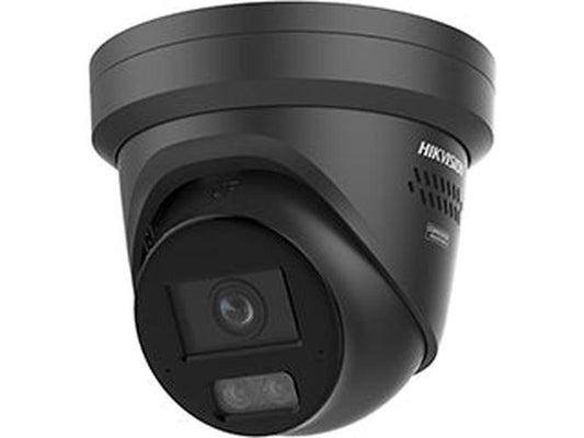Zwarte Hikvision 12MP AcuSense turret beveiligingscamera met actieve afschrikking en 2.8mm lens.
