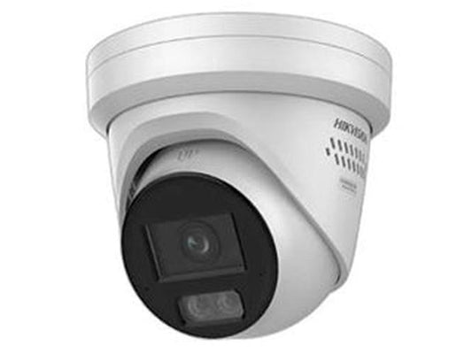 Witte Hikvision 12MP AcuSense turret beveiligingscamera met 4mm lens en actieve afschrikking.
