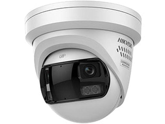 Witte Hikvision 12MP ColorVu panoramische turret camera met 180° lens en ingebouwde stroboscoop voor buitenbeveiliging.