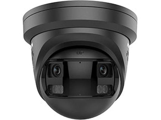 Zwarte Hikvision 12MP ColorVu 180° panoramische turret beveiligingscamera met dubbele lens voor buiten.