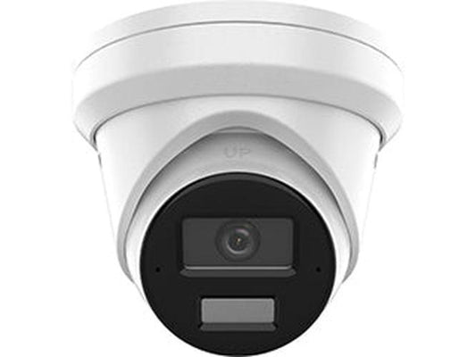 Witte Hikvision 4MP AcuSense turret beveiligingscamera met 2.8mm lens en compact rond design voor buitenmontage.