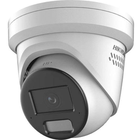 Witte Hikvision 4MP AcuSense turret beveiligingscamera met actieve afschrikking en zwarte lensmodule.