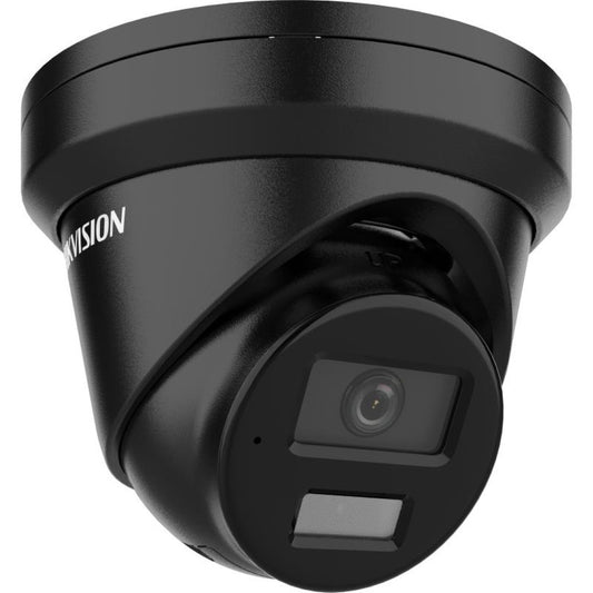 Zwarte Hikvision 4MP AcuSense turret beveiligingscamera met 2.8mm lens en ingebouwde microfoon.